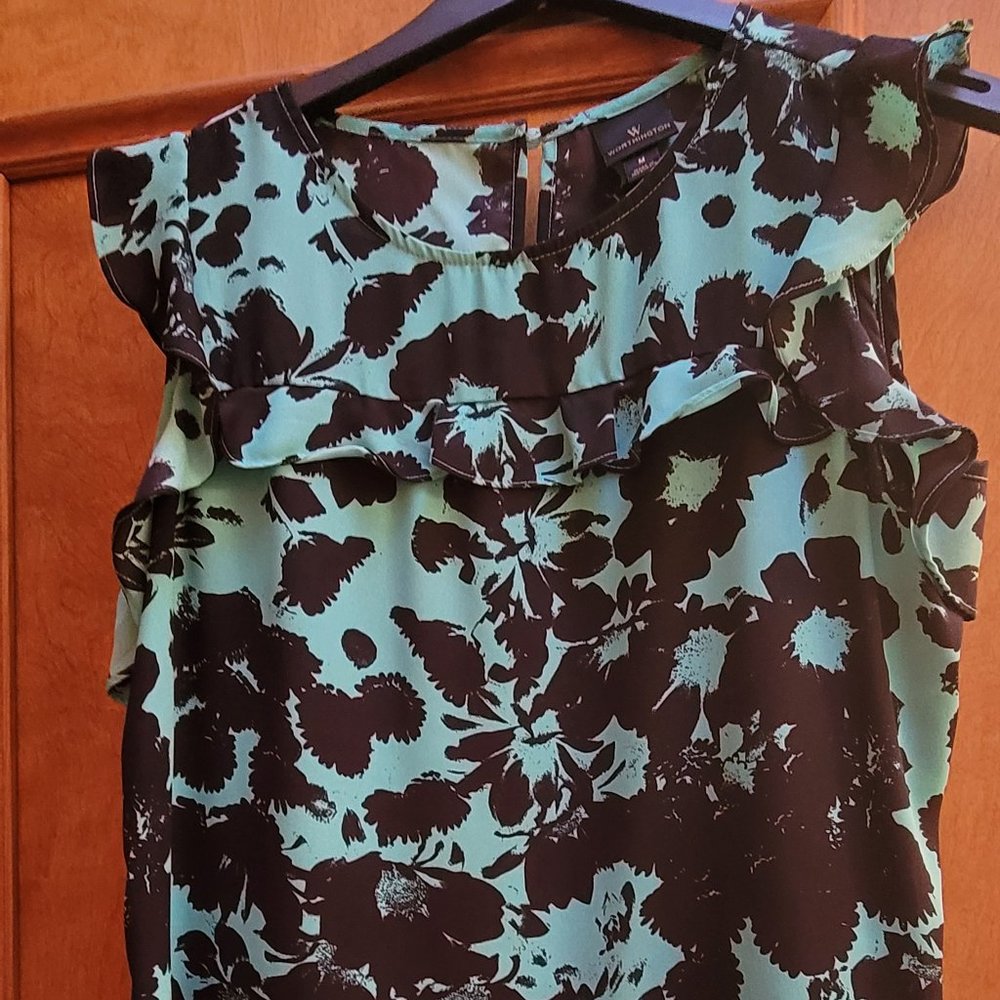 Worthington Short Sleeve Ruffle Dress Blouse Size M